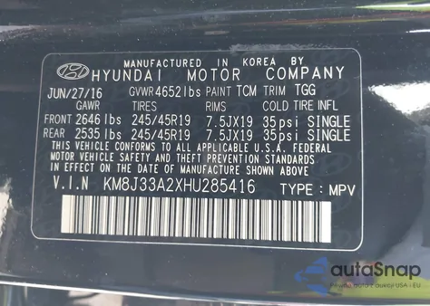 2017 Hyundai Tucson Sport z USA, uszkodzony, nr VIN KM8J33A2XHU285416